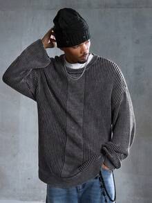 ROMWE MEN Men's Casual Washed Drop Shoulder Loose Knit Sweater, Autumn/Winter - Grey - View 6