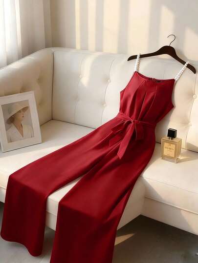 Franclia Women's Elegant Red Pearl Strap Tie-Waist Wide Leg Jumpsuit, Spring/Summer