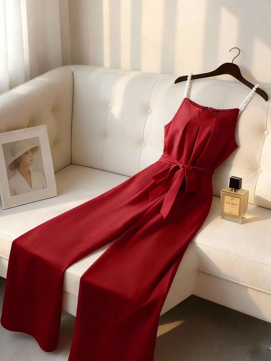 Franclia Women's Elegant Red Pearl Strap Tie-Waist Wide Leg Jumpsuit, Spring/Summer - Red - View 1