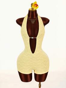 Amplova Bộ áo liền quần nữ thời trang gợi cảm, màu trơn, hở lưng, cổ yếm - Màu vàng - Xem 4