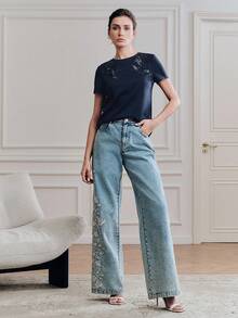 Anewsta Women's Elegant Sequin Embroidered Short Sleeve T-Shirt, Fitted Crew Neck Knit Top, Casual Office Wear - Navy Blue - View 5