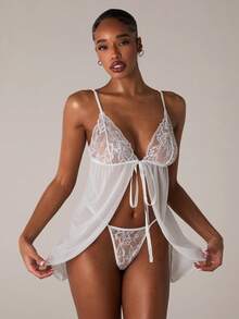 SHEIN BAE 2pcs Women's Sexy Lace Camisole Bra Set (Wireless, Thong) - White - View 1