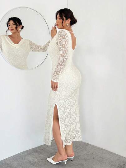 Firerie Plus Size Elegant Romantic Date Spaghetti Strap Draped Neck Cinched Waist Bodycon Textured Fabric Long Sleeve Split Maxi Dress, Spring/Autumn/Winter