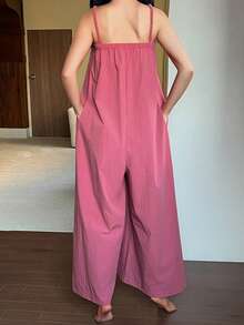 DAZY 纯色宽松阔腿连体裤，女士睡衣 - 玫紅色 - 查看 2