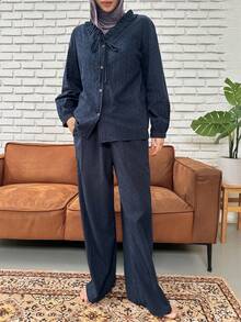 DAZY 可爱波点纹理面料褶皱荷叶领女士睡衣套装 - 藍色 - 查看 5