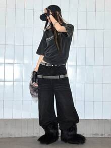 ROMWE Avant Women's Leopard Print & Letter Embroidery Rivet Decor Low Waist Wide Leg Jeans - Black - View 2