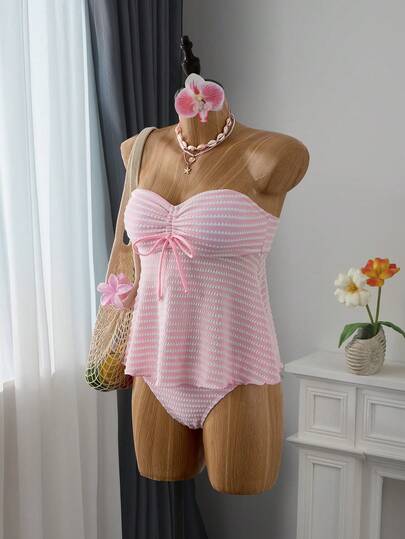 Swim Mod Spring/Summer 26SS Vacation Beach Pink & White Striped Cute Tankini Bikini,2026 New Women's Swimwear ArrivalFor School,Suitable For Holiday, Date, Afternoon Tea, Western, Cruise, Beach, Island, Road Trip, All Seasons, Music Festival, Boho Vacation,Bohemian Vacation, Chill Autumn ,Western Boho ,Elegant Tops For Women