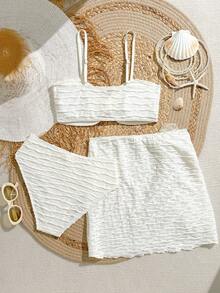 三件套少女泳衣套装，纹理面料，花卉图案，适合沙滩、泳池、派对和度假穿着，春夏款 - 杏色 - 查看 2