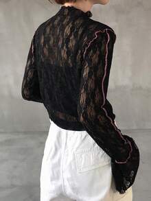 FRIFUL Women's High Neck Lace Camisole Top, Wavy Hem Contrast Trim Flare Sleeve Cropped Blouse Long Sleeve - Black - View 6