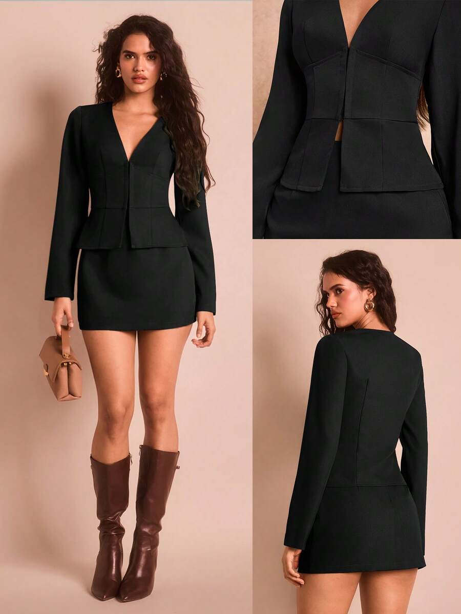 SHEIN Glamour 女士优雅性感OL风深V领长袖上衣搭配迷你裙套装，适合职业女性，商务着装，秋冬季穿着。 - 黑色 - 查看 1