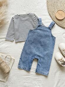 SHEIN Vintaside Kids Newborn Spring Casual Striped Round Neck Long Sleeve Top With Cute Bear Embroidery & Versatile Washable Denim Strap Jumpsuit - Blue - View 2