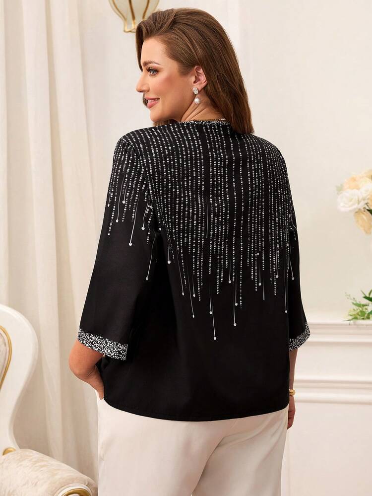 Plus Size Women's Patchwork Leopard Print V-Neck 3/4 Sleeve Fashionable Blouse,Vacation/Summer/Spring