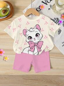 Bộ quần áo bé gái gồm áo thun ngắn tay cổ tròn in hình mèo hoạt hình dễ thương và nơ, gồm áo thun và quần short, thích hợp mặc ở nhà, đi chơi, dự lễ hội mùa xuân/hè, màu hồng. - Nhiều màu - Xem 3