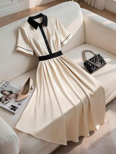 GlowEve CURVE 大码女士优雅缎面撞色翻领短袖收腰中长连衣裙