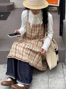 FRIFUL 女士格子吊带荷叶边宽松休闲百搭背心，秋冬款 - 彩色 - 查看 3