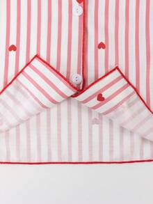 女童时尚可爱条纹爱心印花泡泡绉面料短袖上衣和裤子睡衣套装 - 紅色 - 查看 11