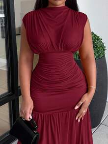 Alexandranx Fashionable New Solid Red Mock Neck Sleeveless Sexy Hollow-Out Mesh Patchwork Pleated A-Line Dress, Suitable For Graduation Party, Holiday Events, Date - Burgundy - View 4