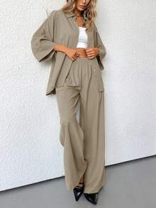 Aveloria Modichic 2件套 女士混纺侧开衩宽松衬衫和高腰阔腿裤 优雅商务休闲女装 - 杏色 - 查看 2