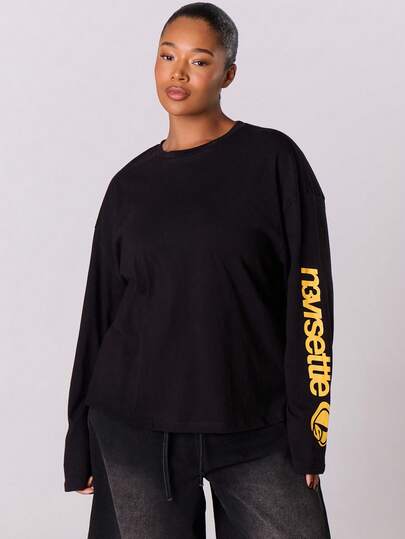 MUSERA Plus Oversized Graphic Sleeve Long Sleeve Top T-Shirt Cool Girl, Streetstyle, Everyday, , , Varsity, 1997 Spring Summer Easter