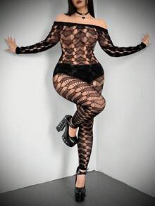 Whyspr Valentines Casual Punk Plus Size Women's Sexy Hollow Out Sheer Off-Shoulder Bodycon Jumpsuit - Black - View 6