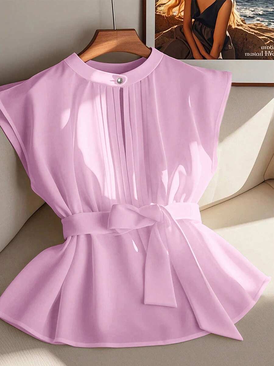 GlowEve Áo sơ mi nữ cổ tròn màu trơn, tay áo xếp ly, kiểu dáng thường ngày/công sở - Hồng - Xem 1