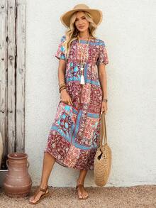 EMERY ROSE 女士夏季长款连衣裙，短袖，大碎花印花。 - 藍色 - 查看 5