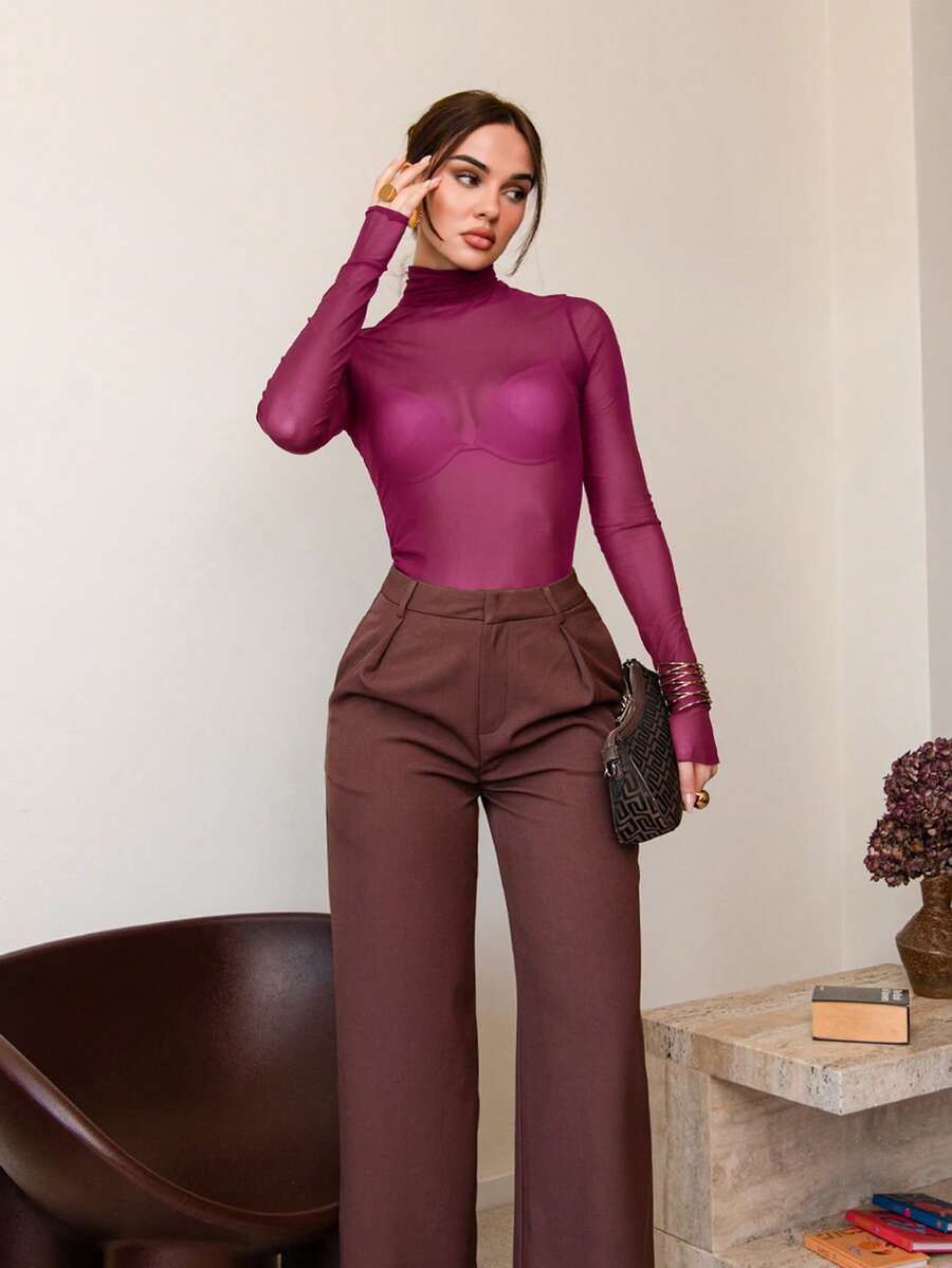 Bris Aura Women's Burgundy High Neck Long Sleeve Pullover, Elegant And Sophisticated Urban Casual Business Attire, Understated Luxury Style, High-Quality Office Wear, Versatile For All Seasons, Suitable For Parties, Christmas And More Sheer Long Sleeve Top Burgundy Blouse Wine Red Top Bell Sleeves Sheer Tops For Women Modern Urban Casual Fashion Business Casual Women's Office Wear Low-Key Old Money Style Effortless Temperament High-End Urban Commuting High-Quality Airport Women's Wear New Year Formal