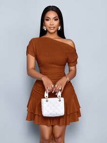 SOLERSUN Women's Elegant Party Daytime Apricot Knitted Asymmetrical Neck Neck Long Sleeves Gathered Double Ruffle Mini Dress - Rust Brown - View 6