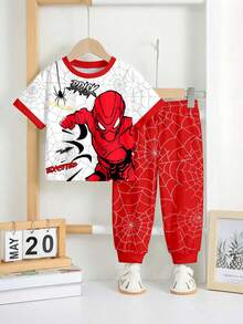 SHEIN 两件套男童休闲宽松舒适运动风圆领短袖上衣和裤子，经典酷炫蜘蛛图案，卡通超级蜘蛛英雄人物印花，蜘蛛，蜘蛛网图案，适合春夏穿着 - 彩色 - 查看 3