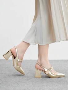 CUCCOO BIZCHIC Women's Fashion Apricot Color Metal Buckle Decor Chunky Heels Pumps, Classic Minimalist Design For Commuting, Dating, Party, Holiday, Wedding Valentine's Day Spring Shoes - Gold - View 4