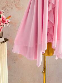 Elamini Women's Elegant Casual Everyday Versatile Party Sequin Ribbon Tie Neck Asymmetrical Hem Pink Short Dress, Spring/Summer - Pink - View 7