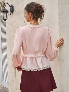 Elegant Light Pink Chiffon Lace Trim Tie Front Blouse - Baby Pink - View 2