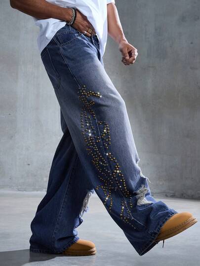 Jeans casuales de pierna ancha con bolsillo, desgastados y con tachuelas para hombres