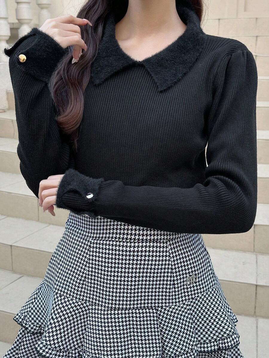 FRIFUL Sweater Kasual Wanita Lengan Panjang Kerah Lipat Warna Polos dengan Kancing - Hitam - View 1