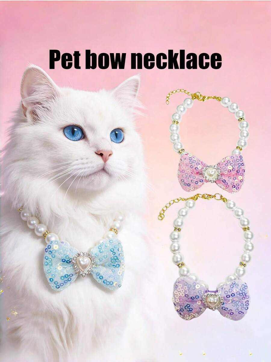 PETSIN 1 Piece Pet Bowknot Pearl Necklace; Adjustable Neck Circumference; Cat Necklace; Dog Necklace; Pet Accessories; Pet Supplies