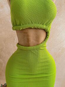 Soleia Lime Green Summer Casual Vacation Holiday Women's Asymmetrical Shoulder Hollow-Out Strap Mini Dress,Boho Party Music Festival Wedding Events - Green - View 5