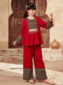 SHEIN Tween Girl Burgundy Autumn Wedding Guest Striped Patchwork Ruffle Trim Round Neck Long Sleeve Top And Straight Leg Pants Set,Children's Jalabiya Abaya - Red - View 4