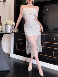 DAZY Women's Sequin Mesh Sleeveless Slit Dress, Elegant - White - View 1