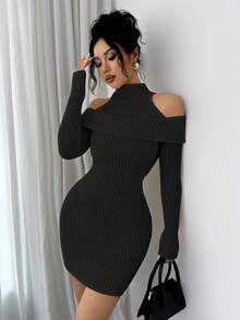 SHEIN Elenzya 女士休闲纯色针织罗纹露肩迷你毛衣连衣裙 - 黑色 - 查看 6