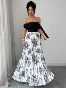 Elenzga Đầm trễ vai xếp ly thắt nơ dây buộc, thiết kế 2 trong 1, họa tiết hoa đen trắng phối màu ngẫu nhiên, ôm eo tôn dáng, kiểu dáng Pháp thanh lịch, thích hợp cho cả đi nghỉ mát và công sở, dáng chữ A tay ngắn. - màu đen - Xem 3