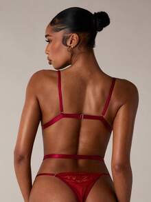 SHEIN BAE 3pcs Lingerie Set (Wireless Bra + G-String + Garter Belt With Leg Strap) - Burgundy - View 2