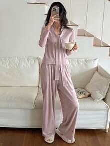 DAZY Relaxed Minimalist Knit Drawstring Collar Women Pajama Set - Purple - View 5