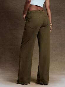Denimoi Gold Studded Detail Straight Leg Denim Jeans, Fashionable, Fall And Winter - Olive Green - View 3