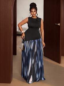 Maweii 大码优雅撞色拼接修身扎染渐变无袖时尚迷人连衣裙，适合夏季度假、节日、日常穿着、假期、假日、度假目的地、约会、节日、休闲聚会等场合。 - 黑與白 - 查看 1