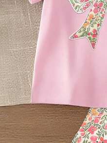 SHEIN Baby Girl Polyester Round Neck Short Sleeve Tee And Floral Pattern Pants Set For Vacation - Pink - View 4