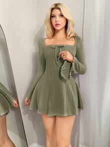 Sweetina 纯色方领喇叭袖迷你Y2K秋季女式鼠尾草绿长袖外出连衣裙，春秋季长袖针织连衣裙橄榄绿连衣裙圣帕特里克节 - 軍綠色 - 查看 5