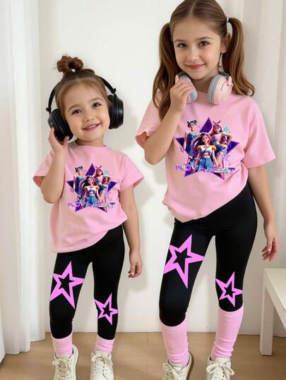 2pcs/Set Girls Casual Fashionable Creative Personalized Refreshing Cute Minimalist Virtual Girl Group Colorful Pentagram Logo Graphic Print T-Shirt And Leggings Outfit, Comfortable Daily Wear, Suitable For Spring, Summer, Autumn Two Pieces Sets For Girls Matching Clothes For Girls Rockstar Kids Outfit 2 Piece Set For Kids Girls Kid Girl Star Shirts
