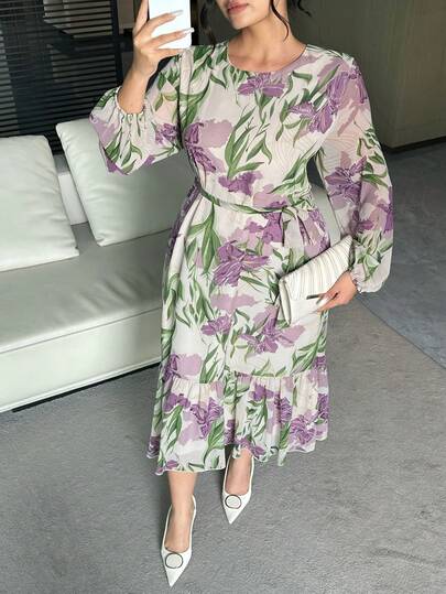 Dazy Plus Floral Print Loose Tie-Waist Long Sleeve Plus Size Dress, Vacation Style