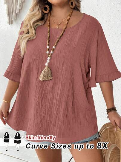 SHEIN CURVE+ Plus Size Women's Khaki Blouse With Ruffle Short Sleeves, Loose Casual Hem, Suitable For Daily & Vacation Wear, Summer,Curve Plus ,Hoho Vacationsummer/Country/Beach Vacation Outfits/Beach Outfits/Beach Wear