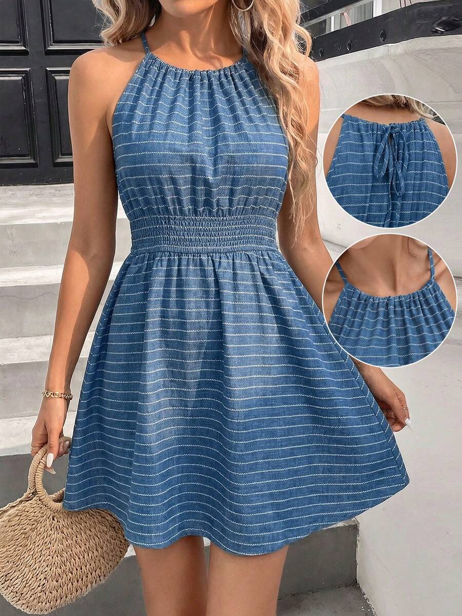 SHEIN LUNE Đầm ngắn không tay kẻ sọc cổ yếm dáng suông dành cho nữ, thích hợp mặc đi chơi, nghỉ hè, đi làm hàng ngày, kiểu dáng cơ bản. - Xanh và trắng - Xem 1